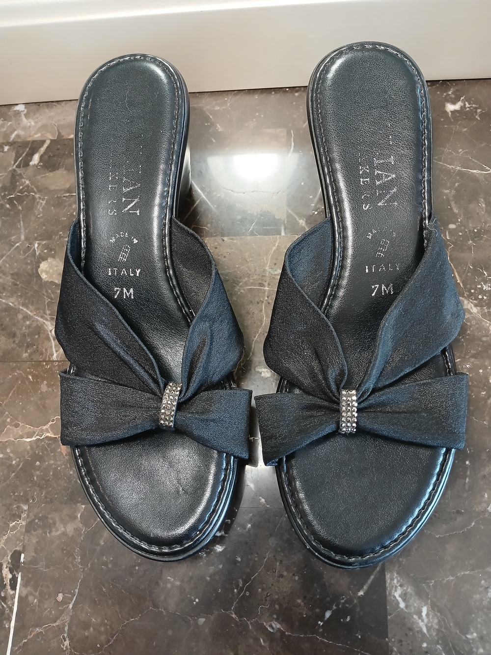 Italian Shoemakers Black Bow Wedge Slide with Rhinestone Accent